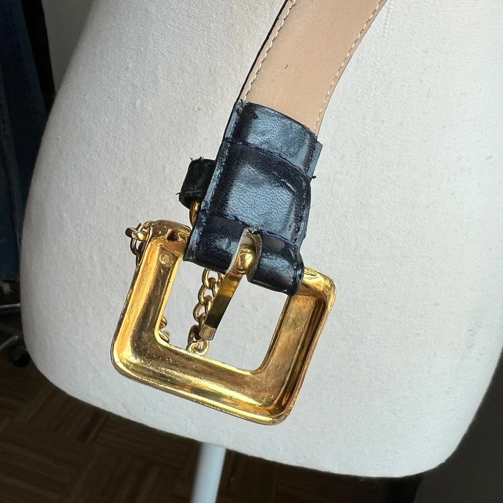 Vintage 90s Leather Gold Chain Belt Navy Blue Statement Waist Punk Dressy